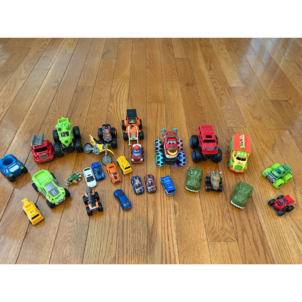 Mixed Toy Vehicle Lot Monster Trucks Light Up Dino Cars Hot Wheels Tonka 25pc